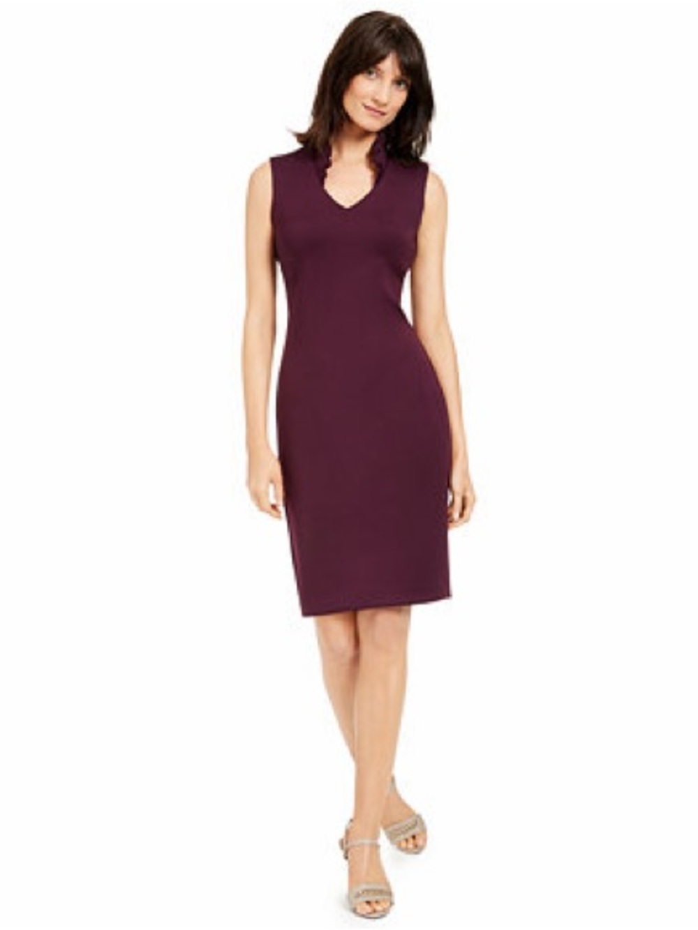 Calvin Klein Sleeveless ruffle neck Sheath scuba Dress in Plum as seen on tv